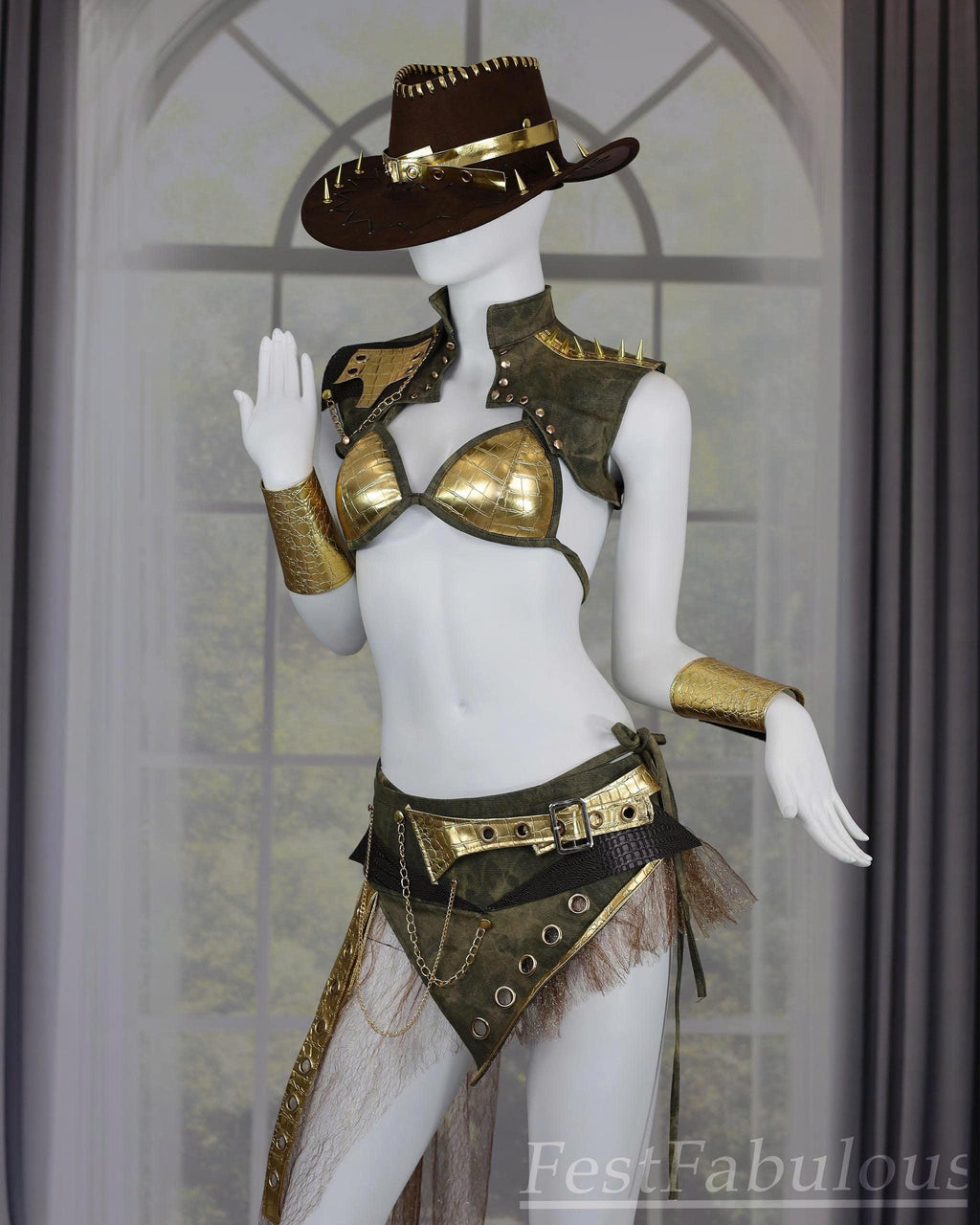 Steampunk Cowgirl Rave Outfit – Gold Metallic Set
