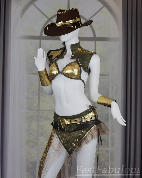 Steampunk Cowgirl Rave Outfit – Gold Metallic Set
