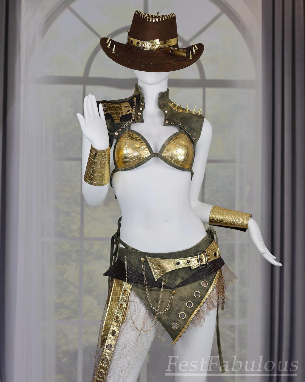 Steampunk Cowgirl Rave Outfit – Gold Metallic Set