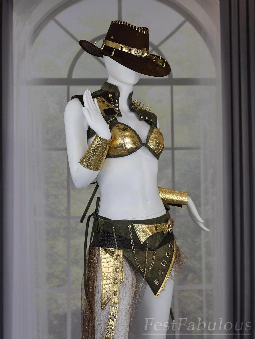 Steampunk Cowgirl Rave Outfit – Gold Metallic Set